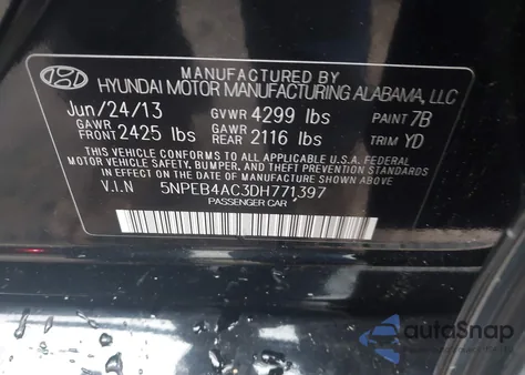 2013 Hyundai Sonata Gls z USA, uszkodzony, nr VIN 5NPEB4AC3DH771397
